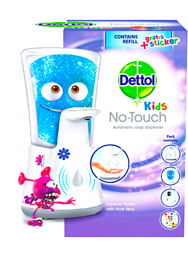Dettol Kids bezdotykový dávkovač mýdla + náplň 250 ml Dobrodruh + samolepky