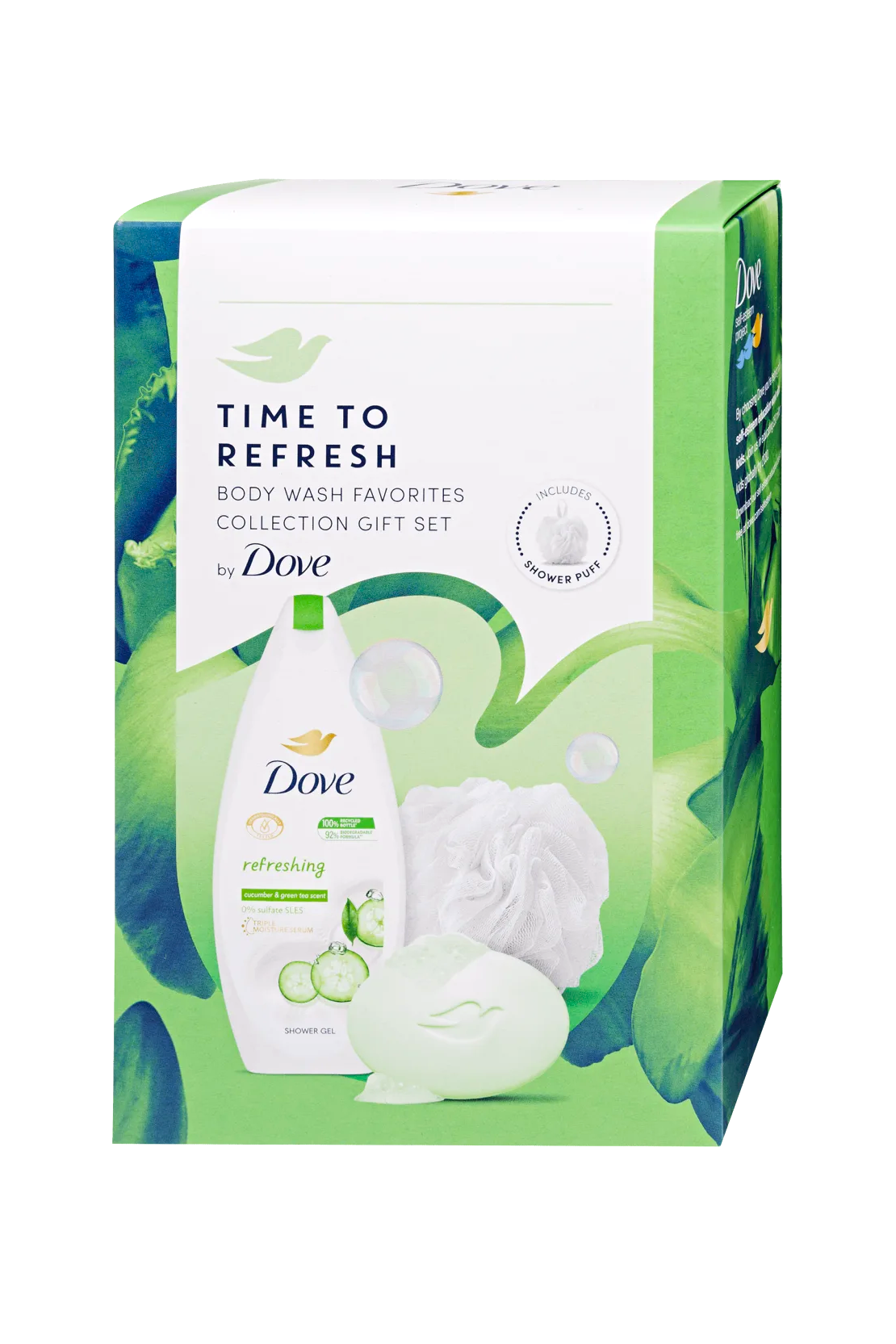 Dove dárková kazeta Time To Refresh (sprch. gel 250 ml + mýdlo 90g + těl. houba)