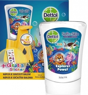Dettol Kids bezdotykový dávkovač mýdla + náplň 250 ml Explorer Power + samolepky